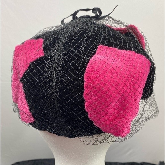 Ladies Fuchsia / Hot Pink Black Hat with Netting Made in USA Vintage Glam Rare main image 7